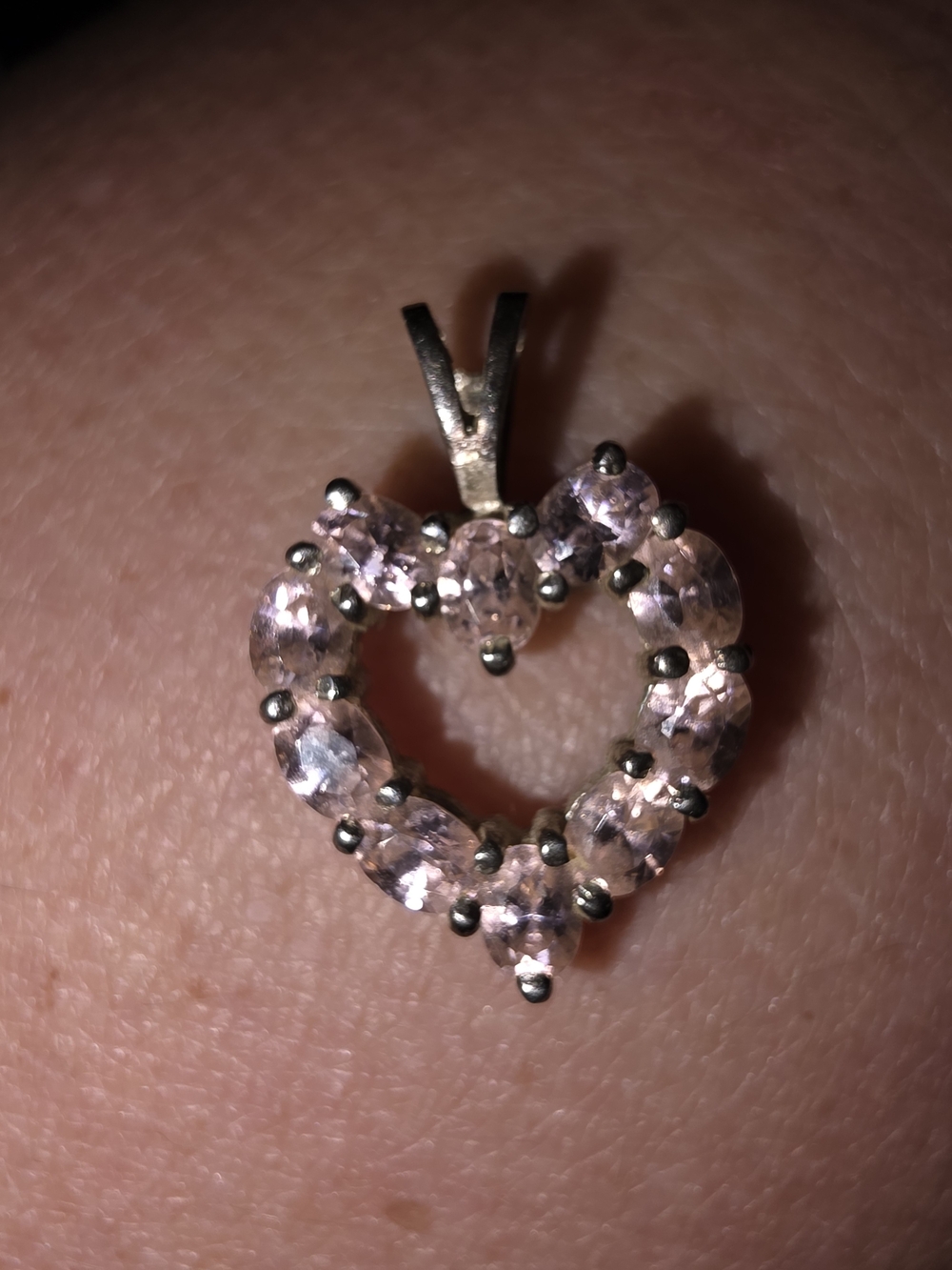 Stamped Sterling Heart Pendant Necklace with Light Pink Gemstones